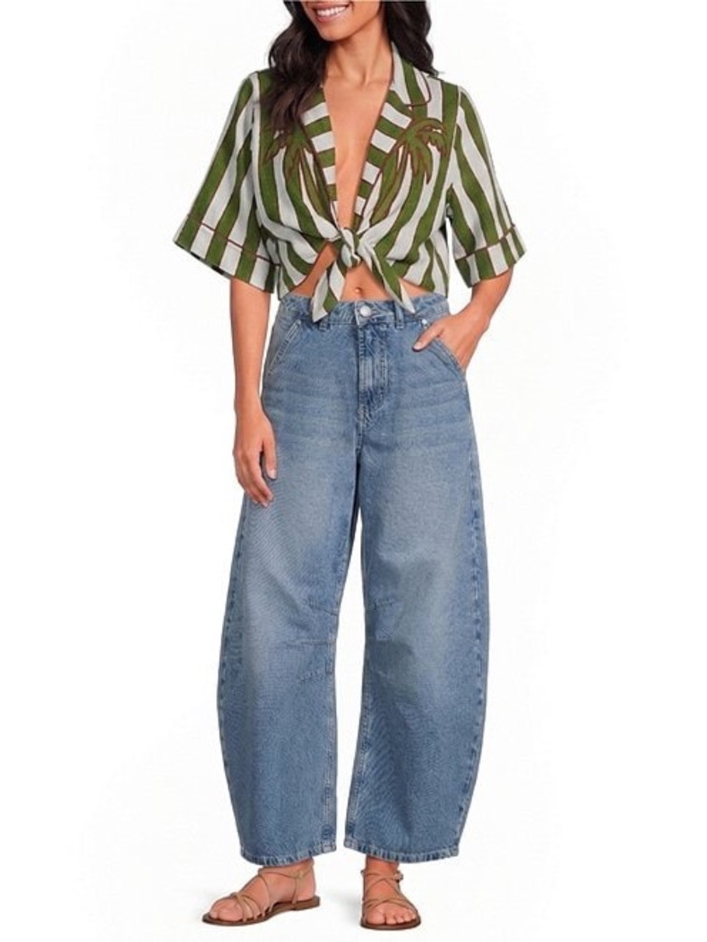 FARM Rio Green Palm Embroidered Linen Stripes Self-Tie Cropped Top Size XL NWT - Picture 3 of 16